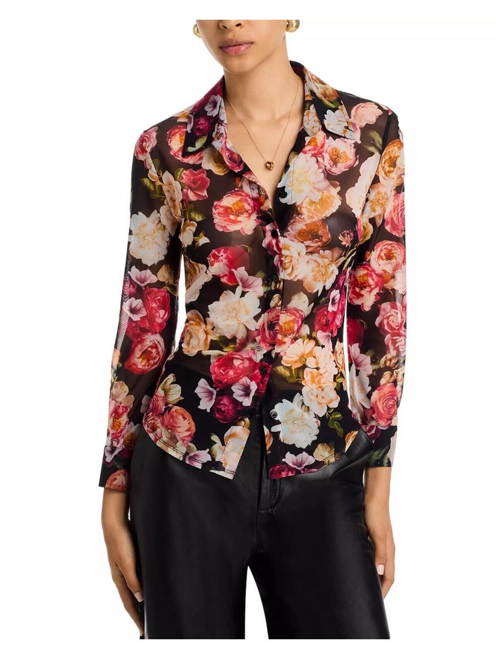 L'AGENCE Black Floral 100% SILK Button-Down Shirt w 3/4 Sleeves